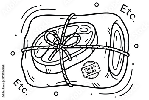 Fresh meat package drawing wrapped with rope vector illustration isolated on background