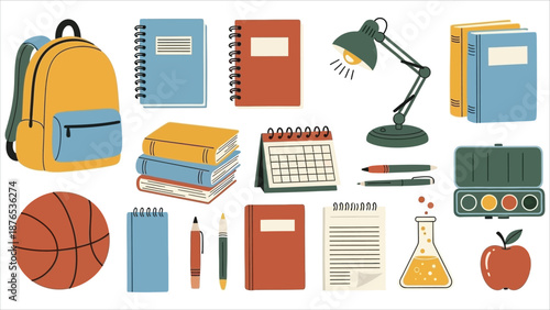 School Stationery Set – Hand-Drawn Illustrations of Calendar, Backpack, Glue, Books, Ruler, Pencil, Pen, Lamp, Pencil Case, Eraser, Ball & Paper Clip.
