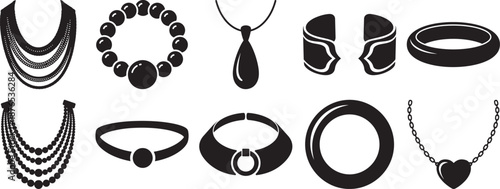 Elegant black silhouette jewelry collection featuring necklaces, bracelets, and rings Vector