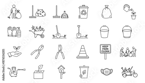 Gardening and cleaning tools set with people cartoon flat vector illustration for artwork design