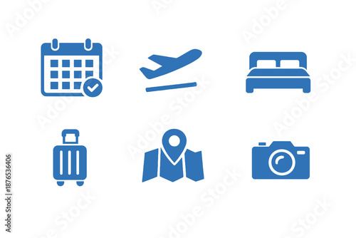 Monochromatic flat vector icon set focused on travel planning and booking. Clean symbols for trips, reservations and tourism-related app interfaces.
