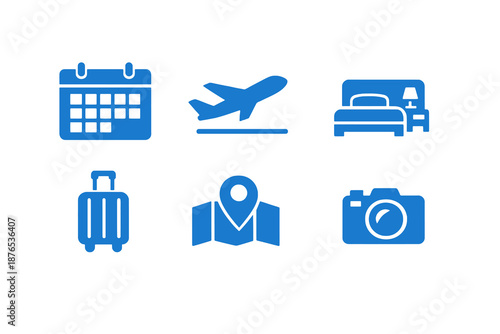 Set of six monochromatic travel icons in flat vector style. Simple symbols designed for booking apps, trip planners and tourism dashboards.