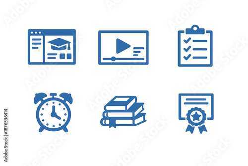 Monochromatic flat vector icon set focused on online education and study routines. Clean symbols for e-learning platforms, courses and academic productivity interfaces.