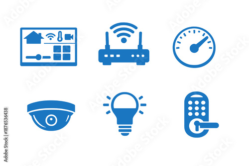 Set of six monochromatic smart home icons in flat vector style. Simple symbols designed for IoT apps, home dashboards and connected living systems.