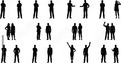 Diverse collection of professional business people silhouettes featuring men and women in various standing, waving, gesturing, and corporate teamwork poses.