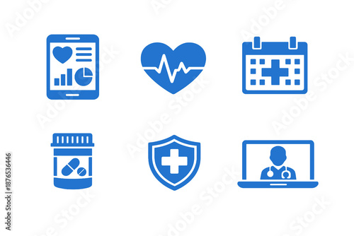 Set of six monochromatic healthcare icons in flat vector style. Simple symbols designed for medical platforms, wellness dashboards and patient management apps.