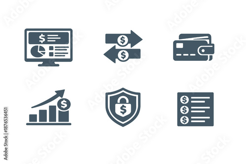 Set of six monochromatic banking and finance icons in flat vector style. Simple symbols designed for fintech apps, online banking platforms and finance dashboards.