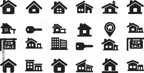 Collection of house and trailer icons. The house icons are all black and white, and the trailer icons are also black and white. The house icons include a variety of styles, such as a two-story house