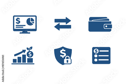 Monochromatic flat vector icon set focused on digital banking and money management. Clean symbols for payments, transfers and personal finance interfaces.