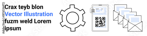 QR code on ID pass, cogwheel symbol, stack of envelopes. Ideal for technology, automation, communication, digital tools, document sharing, business processes simple landing page