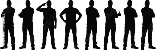 Set of male silhouettes in various professional poses, including arms crossed, saluting, hands on hips, and thumbs up, isolated on white.