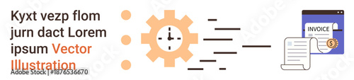 Automation, digital tools, finance management, invoice creation, payment tracking, business operations. A gear icon with lines leading to an invoice. Automation and digital tools concept