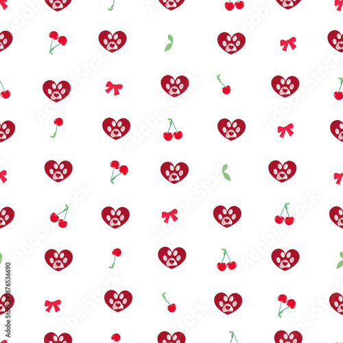 Red hearts paw prints with bow and cherries seamless fabric design pattern