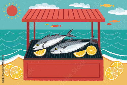 Fish Grill Beachside Food Stall Illu