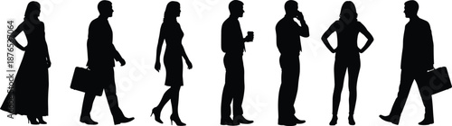 Set of business people silhouettes walking and standing in various poses, professional corporate men and women isolated on white background.