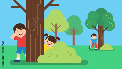 Children playing hide and seek in a park on a sunny day, a classic outdoor game enjoyed by kids of all ages, promoting physical activity and social interaction