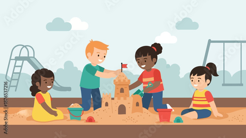 Joyful diverse group of kids collaborating to construct a sandcastle in a playground sandbox, fostering teamwork and fun during a sunny day