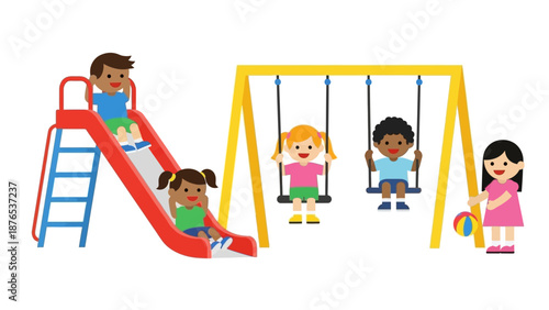 Children enjoying a playground with slides and swings, symbolizing childhood fun and outdoor activities for kids