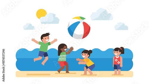 Joyful group of diverse children having fun playing with a colorful beach ball on a sandy shore under a bright summer sky, celebrating friendship and outdoor activities