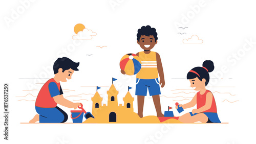 Summer Fun Children joyfully building a sandcastle on a sunny beach, playing with toys and a ball