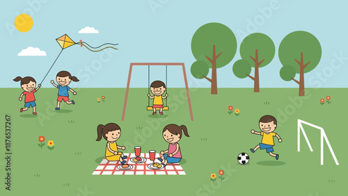 Children enjoying a sunny day playing in a park with a swing set, soccer goal, kite, and picnic blanket