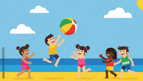 Children playing with a beach ball on a sunny summer day at the shore, enjoying outdoor recreation and a tropical vacation with ocean waves in the background