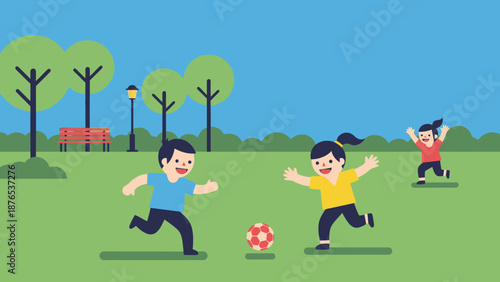 Cheerful children playing soccer in a sunny park on a beautiful day, enjoying outdoor activities and sports