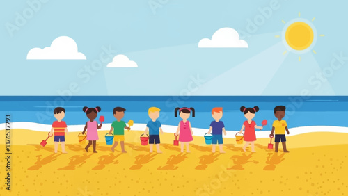 Diverse group of happy children playing on a sunny beach with buckets and spades enjoying summer vacation