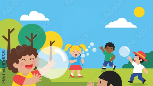 Joyful diverse children happily playing with soap bubbles in a sunny park, celebrating a fun outdoor summer activity and carefree childhood moments