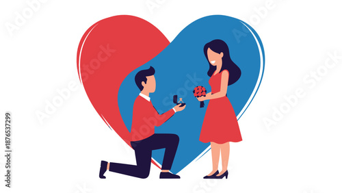 Vibrant illustration of a man on one knee proposing marriage to a happy woman, presenting an engagement ring inside a large stylized heart, symbolizing love and commitment for a romantic relationship