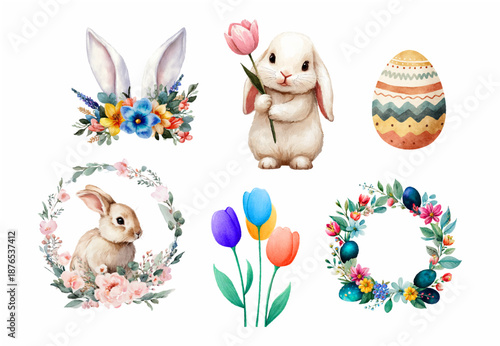 Watercolor elements set. Cute Easter bunnies, Easter eggs, frame with rabbit ears. Tulip flowers etc. Hand drawn cliparts for spring and Easter designs. Vector illustration.