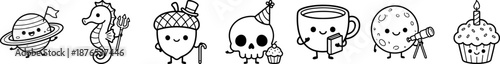cute hand drawn doodle character set featuring planet, seahorse, acorn, skull, coffee cup, cookie, and cupcake in playful black and white line illustration style