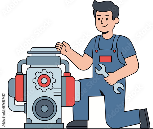 Professional mechanic repairing engine using wrench tool.