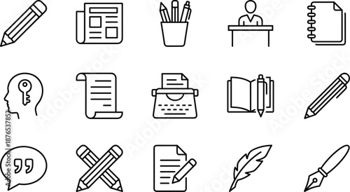 Black and White Line Icons of Writing, Education, Office Tools, Creativity, Knowledge, and Learning Concepts for Academic and Editorial Use