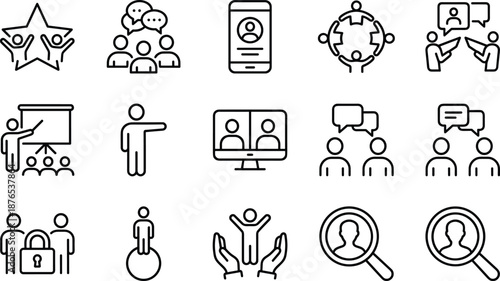 Black and White Line Icons Representing Teamwork, Communication, Leadership, Support, Privacy, and Human Resource Concepts for Business and Collaboration