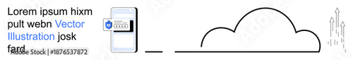 Digital security systems, cloud-based storage, online data transmission, web access, digital transformation, and remote operations. Phone with shield, cloud and arrows innovation. Data security