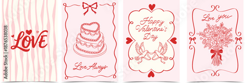 Pink Valentine's Day card set featuring hand-drawn hearts, cakes, and bouquets, ideal for holiday greetings and packaging design.