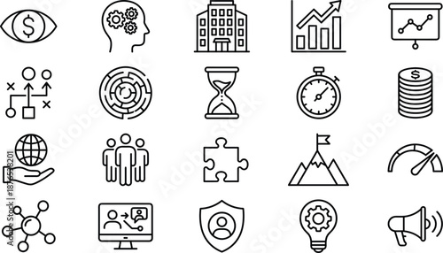 Black and White Line Icons of Business Strategy, Productivity, Innovation, Finance, Teamwork, and Corporate Concepts for Professional Use