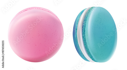 Foto Realistic pink and blue French macarons isolated, sweet colorful pastry dessert