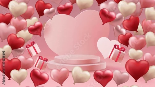 Colorful heart-shaped balloons and gift boxes surround a pink podium with a large heart backdrop, creating a festive scene for celebrations and special occasions with copy space
