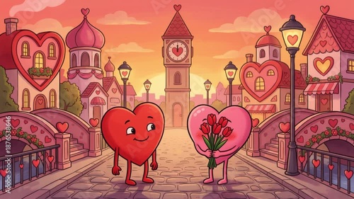 Heart characters exchange flowers on a romantic bridge in a whimsical town adorned with heart motifs, showcasing a playful gesture of affection and connection