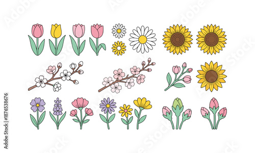 Spring flowers set bundle spring blossoming plants collection vector design