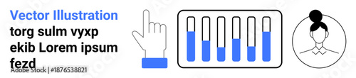 Hand pointing gesture, lab test tubes with blue liquid, and female user avatar. Ideal for science, technology, research, education, bioinformatics, data analysis and simple landing page