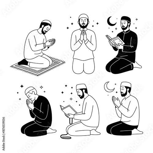 Spiritual Contemplation: Illustrative representation of individuals deeply engrossed in prayer, highlighting serenity, and religious devotion.