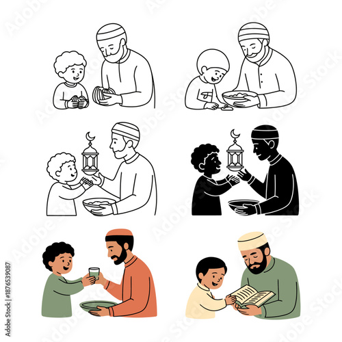 Muslim Father-Son Ramadan Traditions: A heartwarming illustration captures the essence of Ramadan, depicting a father and son sharing special moments and traditions, symbolizing family, faith.
