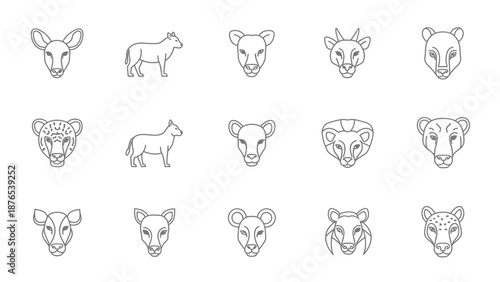 Set of african safari animal icons, minimalist linear design