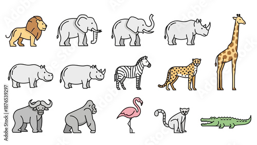 Set of African Safari Animals Icons: Lion, Elephant, Rhino, Giraffe, Zebra, Hippo, Gorilla, Flamingo