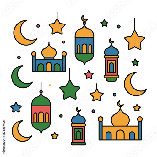 Festive Icons for Islamic Festival: Illustrative icons of mosques, lanterns, crescent moons, and stars celebrate a joyous occasion.  Embracing the spirit of togetherness.