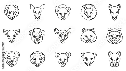 Set of Animal Heads Icons - Line Art Collection