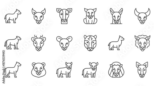 Set of Animal Icons, Line Art, Farm and Wild Creatures, Vector Illustrations